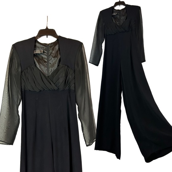 1990s Gothic Black Low Cut Wide Leg Jumpsuit Sheer Sleeve / Women’s XS * - Picture 1 of 4